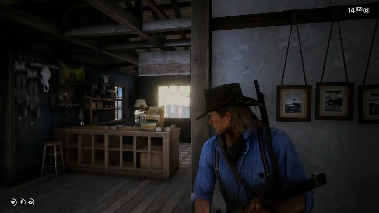 Arthur Morgan cautiously enters a store with his rifle ready in Red Dead Redemption 2 Ultimate Edition on Xbox One. Discover immersive Wild West gameplay and get your CD key at RushGame.co