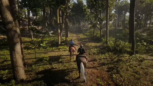 Players ride through a dense forest on horseback in Red Dead Redemption 2 Ultimate Edition for Xbox. Experience breathtaking open-world exploration—available now at RushGame.co