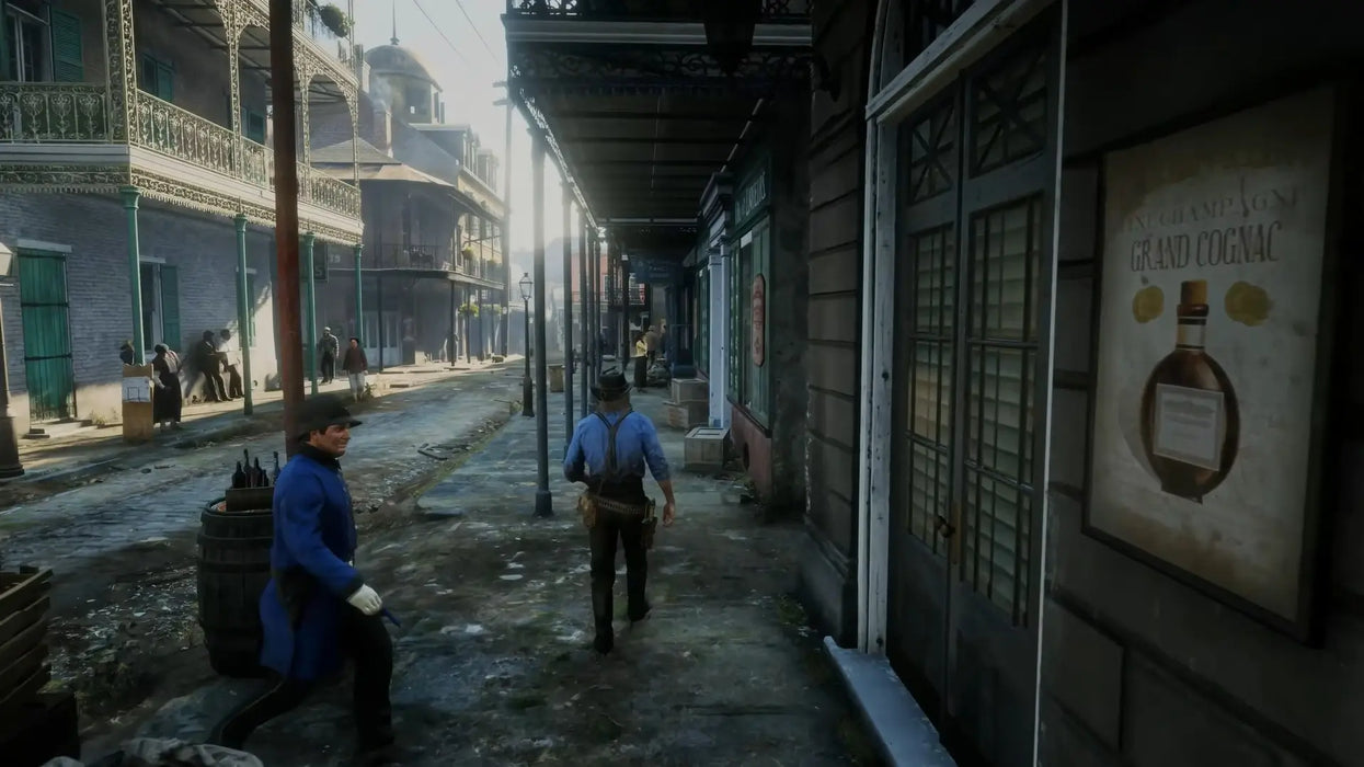 Arthur Morgan walks the streets of Saint Denis in Red Dead Redemption 2 Ultimate Edition, showcasing the game’s urban setting and detailed environment. Get your Xbox CD key instantly at RushGame.co