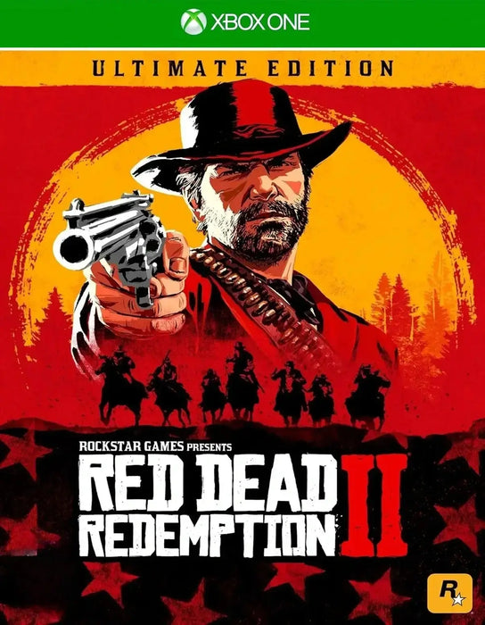 Official cover art of Red Dead Redemption 2 Ultimate Edition for Xbox One, featuring Arthur Morgan aiming a revolver with the Van der Linde gang in the background. Buy the Ultimate Edition Xbox CD key instantly at RushGame.co