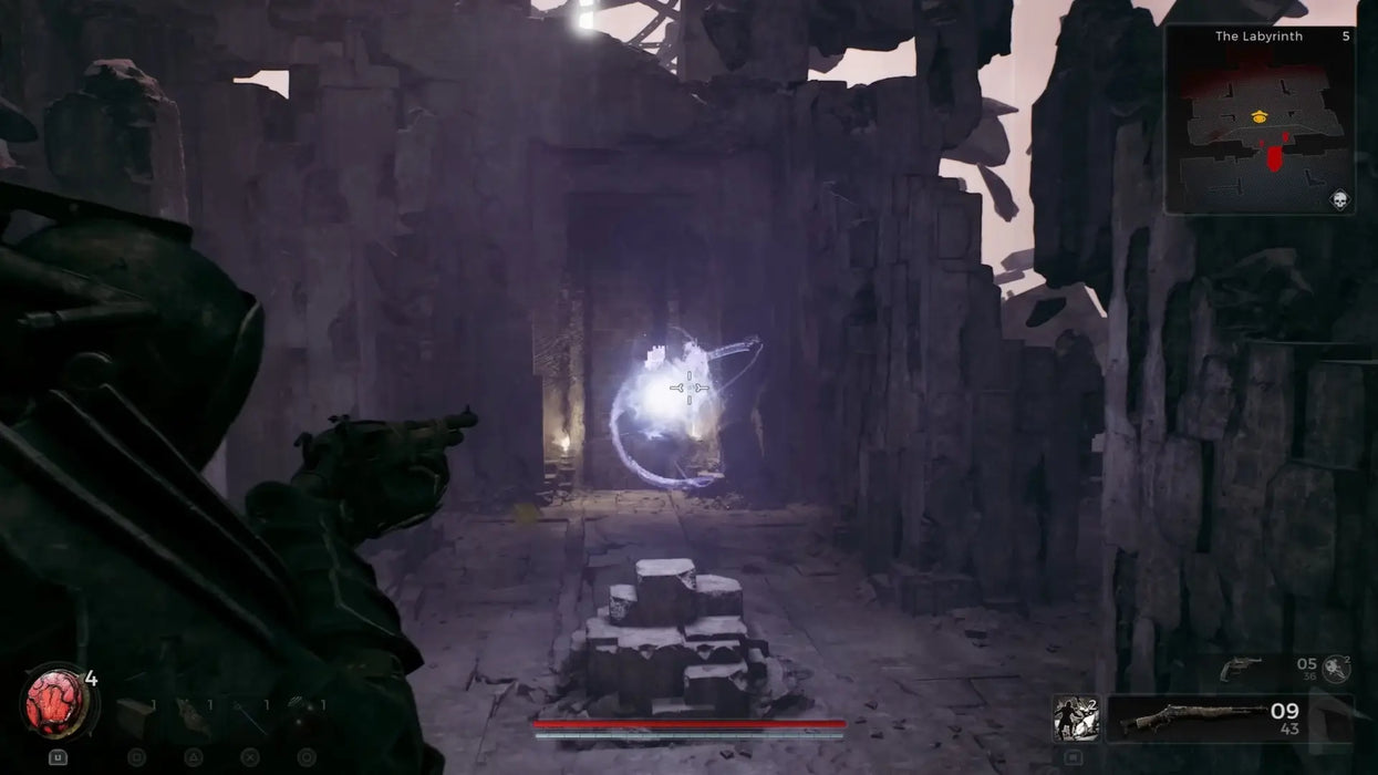 Scene from Remnant II on PC featuring the player aiming at a floating enemy inside ancient ruins. Purchase your digital Steam key from RushGame.co and explore dynamic environments filled with otherworldly threats