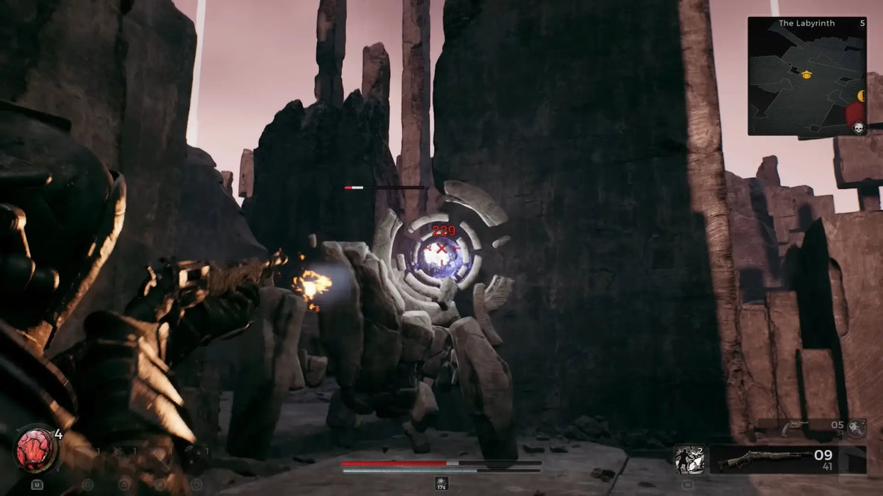 In-game action from Remnant II for PC, where the player shoots at a glowing enemy core in a stone labyrinth setting. Buy your Steam CD key now at RushGame.co and battle through epic boss encounters