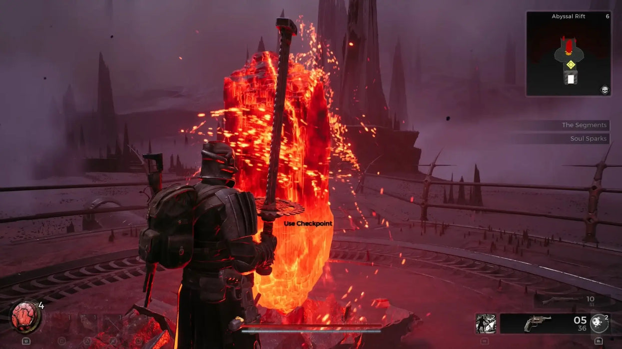 Gameplay screenshot from Remnant II on PC showing the player interacting with a fiery red crystal checkpoint in a desolate, alien landscape. Get your Steam digital key at RushGame.co and continue your adventure through the Abyssal Rift