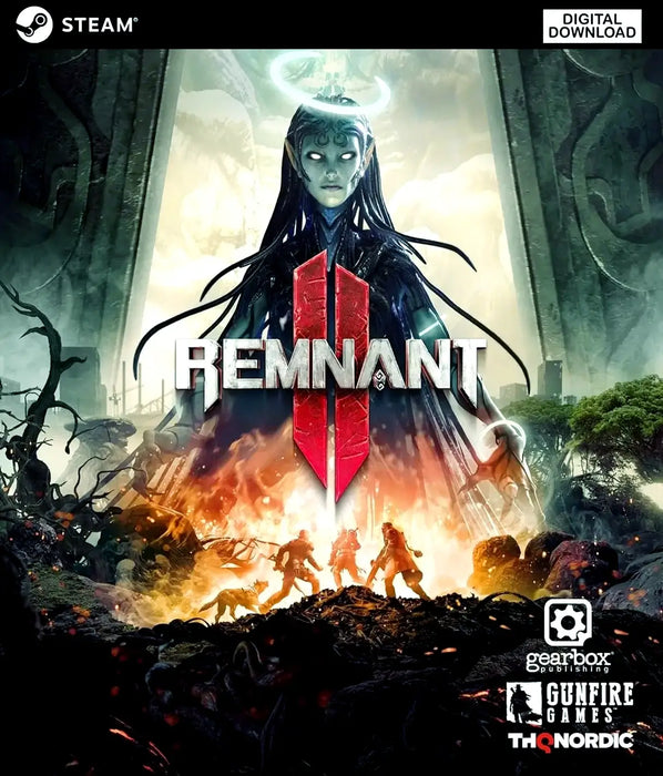 cover art for Remnant II on PC Steam, featuring a supernatural figure with glowing eyes and a halo above warriors engaged in combat. Buy your Remnant II Steam key today at RushGame.co and enter a world of interdimensional battles