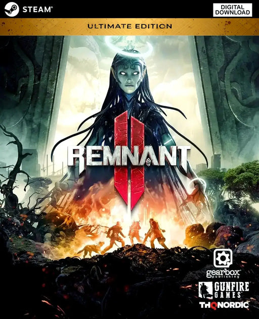 Official cover art for Remnant II Ultimate Edition on PC Steam, featuring a celestial antagonist and a fierce battle scene beneath. Purchase your Remnant II Ultimate Steam key now at RushGame.co for the complete action-survival experience