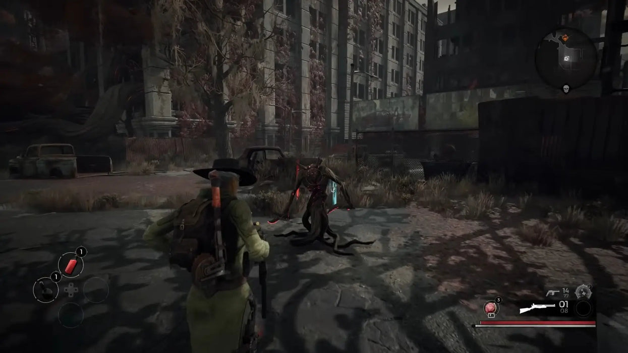 Combat scene from Remnant: From the Ashes on PC where a player confronts a twisted monster on the ruins of a city street. Buy the Complete Edition now at RushGame.co and face hordes of terrifying creatures in co-op survival mode