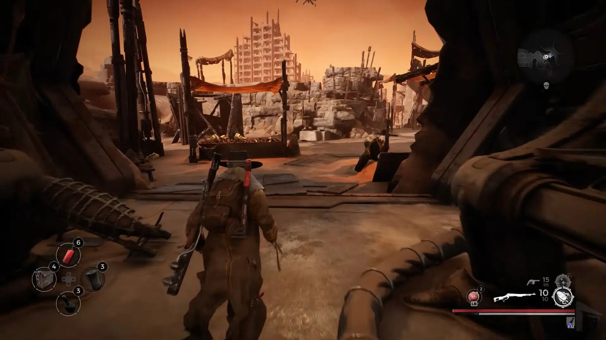 In-game screenshot from Remnant: From the Ashes on PC, featuring a player walking through a desert outpost with crumbling skyscrapers in the distance. Get your Steam digital key from RushGame.co and explore dangerous alien realms