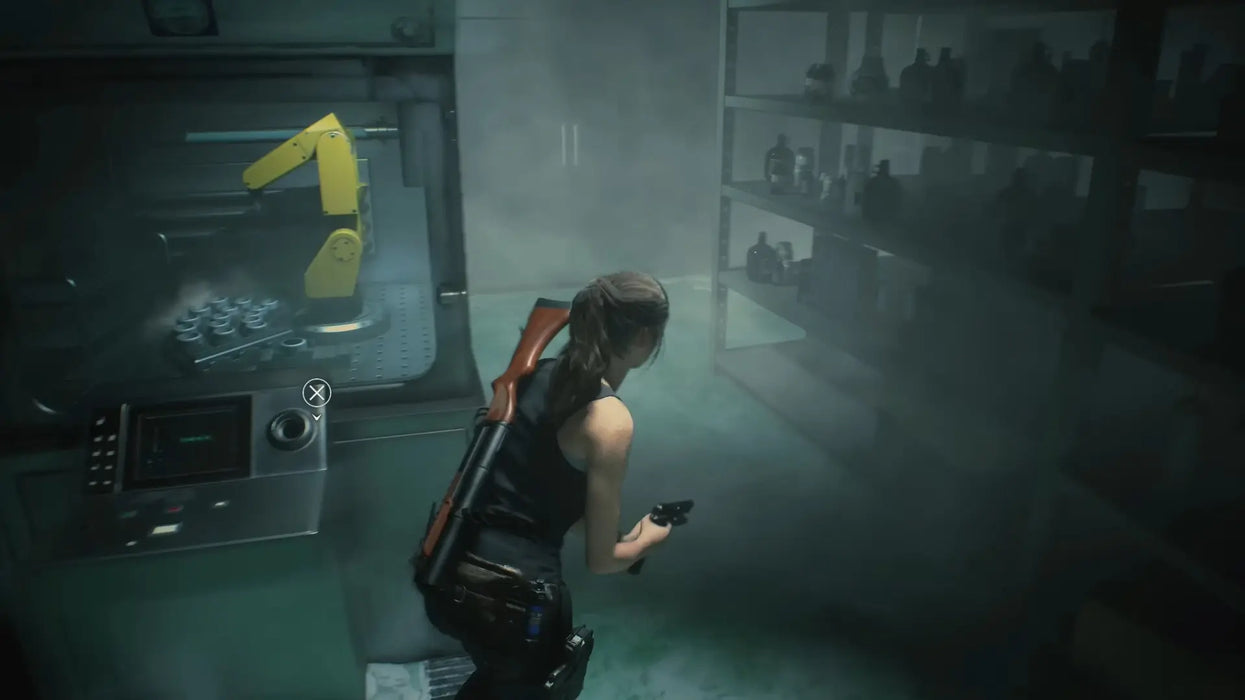 Claire Redfield sneaks through a foggy laboratory room in Resident Evil 2 Deluxe Edition, with a robotic arm visible in the background. Get your digital Steam key for Resident Evil 2 at RushGame.co and uncover the secrets behind the viral outbreak