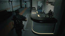 Gameplay screenshot from Resident Evil 2 Deluxe Edition showing Leon S. Kennedy exploring the Umbrella Corporation lab reception area. Buy Resident Evil 2 PC Steam CD Key at RushGame.co for an unforgettable survival horror experience