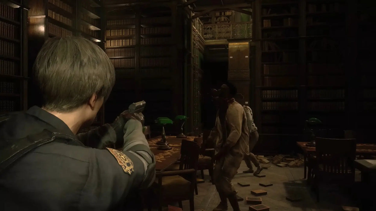 Leon S. Kennedy takes aim at zombies in the dimly lit RPD library in Resident Evil 2. Buy the Resident Evil 2 Xbox digital code today at RushGame.co and relive the fear in high definition