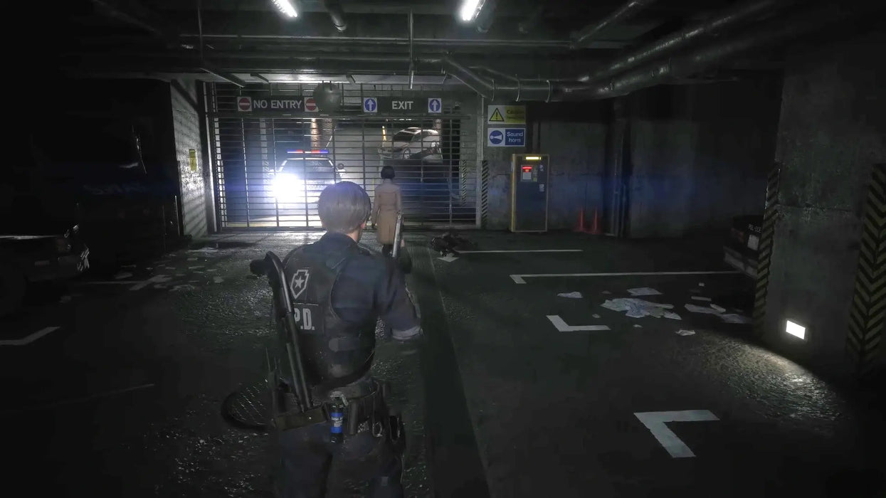 Leon and Ada walk through an underground parking garage in Resident Evil 2, illuminated by flashing police car lights. Get your Resident Evil 2 Xbox One or Series X|S key at RushGame.co and uncover the secrets of Raccoon City