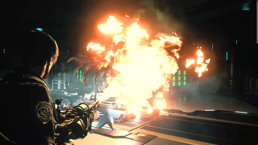 Leon S. Kennedy uses a flamethrower to incinerate a mutated creature in a dark laboratory during a boss fight in Resident Evil 2. Purchase your Resident Evil 2 Xbox CD Key now at RushGame.co for intense survival horror action