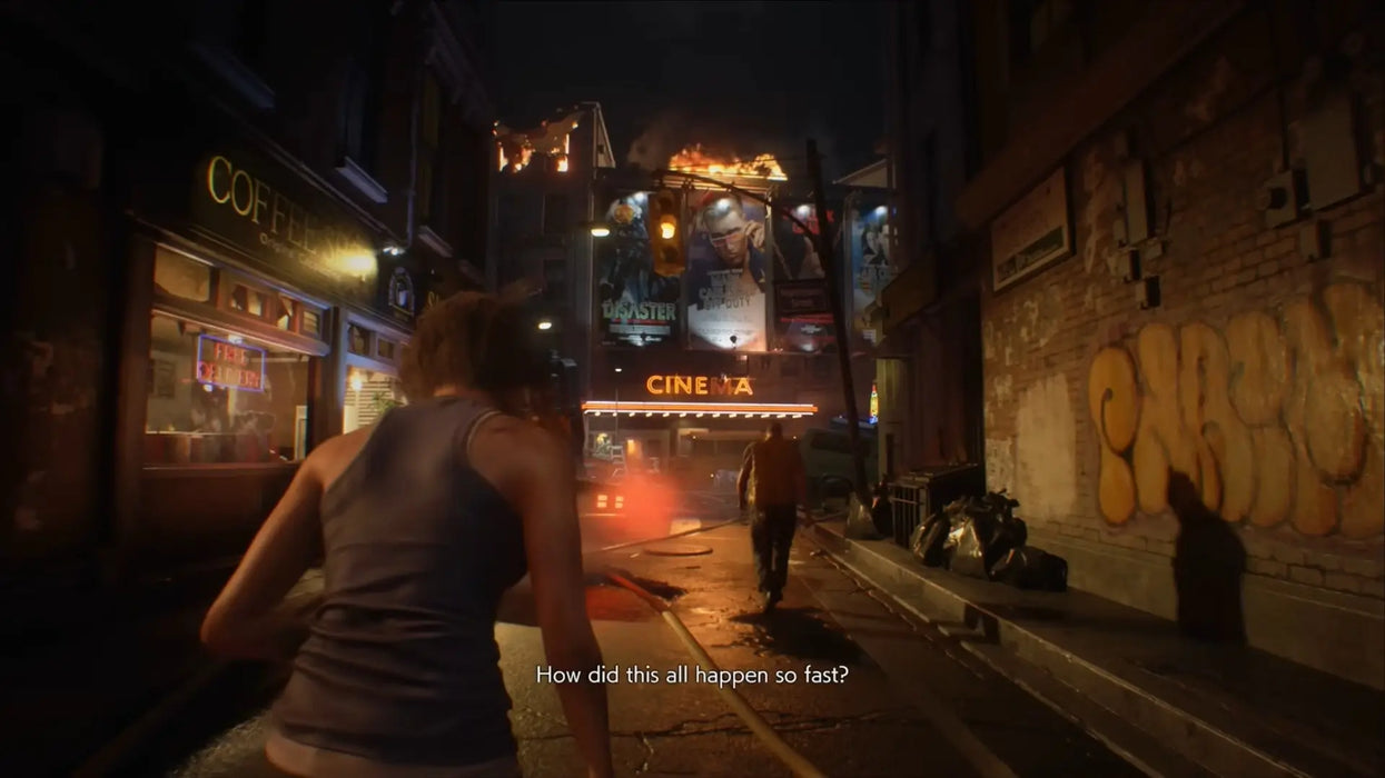 Scene from Resident Evil 3 featuring Jill Valentine running through a burning street past a neon-lit cinema, questioning how the outbreak escalated. Unlock the full game on Steam with a CD Key from RushGame.co