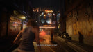 Scene from Resident Evil 3 featuring Jill Valentine running through a burning street past a neon-lit cinema, questioning how the outbreak escalated. Unlock the full game on Steam with a CD Key from RushGame.co