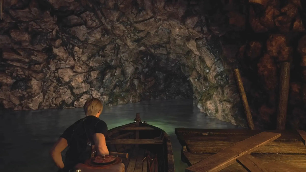 A boat scene from Resident Evil 4 (2023) Deluxe Edition where Leon navigates into a rocky tunnel illuminated by fire. Explore this stunning remake by getting your PC Steam game key at RushGame.co