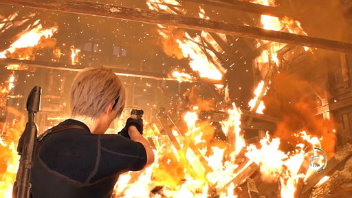 A high-action scene from Resident Evil 4 (2023) showing Leon S. Kennedy aiming his pistol in a collapsing, fiery building. Buy the Deluxe Edition Xbox Series CD Key at RushGame.co for instant digital delivery