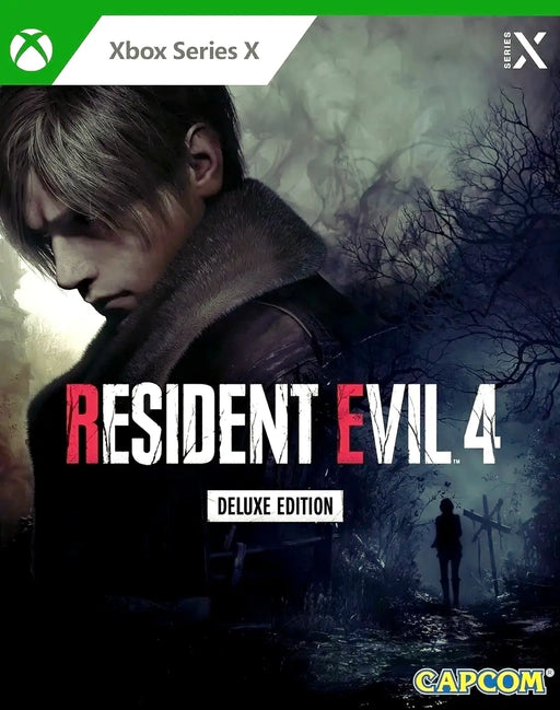artwork for Resident Evil 4 (2023) Deluxe Edition, showcasing Leon in a foggy, eerie forest. Secure your digital game key instantly at RushGame.co.