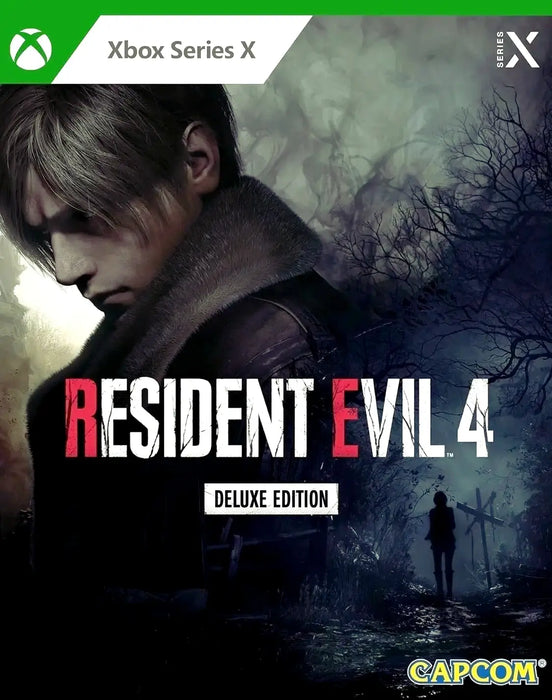 artwork for Resident Evil 4 (2023) Deluxe Edition, showcasing Leon in a foggy, eerie forest. Secure your digital game key instantly at RushGame.co.