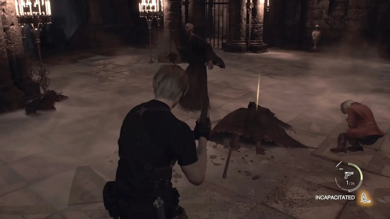 A tense confrontation unfolds as Leon battles robed cultists in a dimly lit chamber, with Ashley incapacitated on the floor in Resident Evil 4 (2023). Purchase the PC version today at RushGame.co