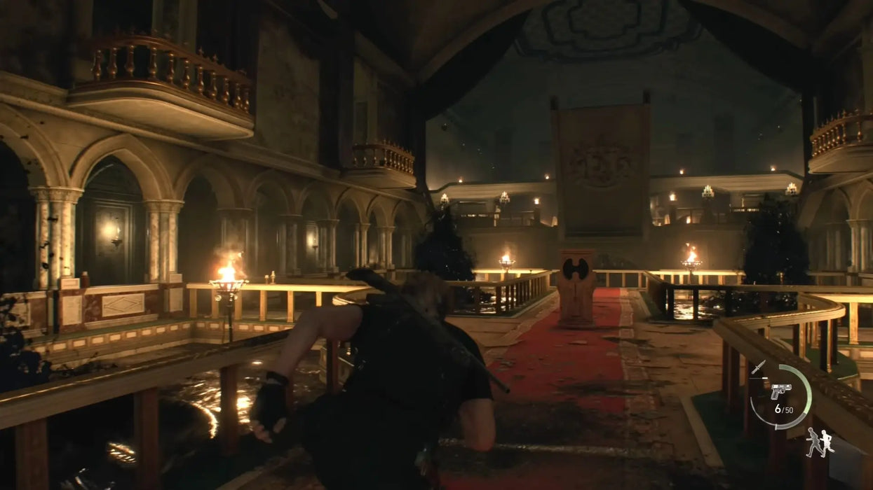 Leon sprints through a grand torch-lit castle hall, with gothic architecture adding intensity to the atmosphere in Resident Evil 4 remake. Get your Steam CD Key instantly from RushGame.co