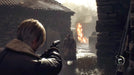 Tense combat in Resident Evil 4 (2023) as Leon Kennedy takes aim at a hostile villager in a rural, burning settlement. Purchase Resident Evil 4 Xbox Series X|S CD Key AR from RushGame.co and fight your way through the nightmare