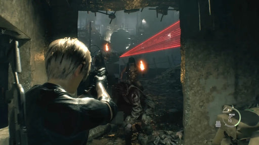 Leon aims at enemies in a dark industrial area with red laser sights piercing the shadows in Resident Evil 4 (2023) on Xbox Series X/S. Grab your Xbox Series key instantly from RushGame.co