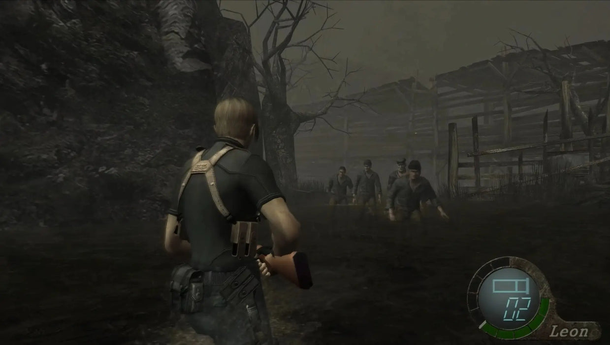 A tense moment from Resident Evil 4: Ultimate HD Edition as Leon faces a horde of infected villagers in a foggy marsh — unlock full gameplay with a digital key from RushGame.co