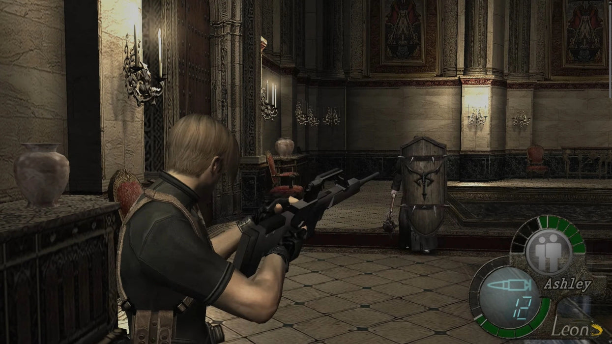 Leon prepares to fight armored cultists in a gothic castle interior in Resident Evil 4 Xbox One edition. Secure your Resident Evil 4 CD Key for Xbox One at RushGame.co and dive into the horror classic
