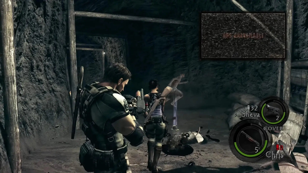 Gameplay screenshot from Resident Evil 5 Gold Edition, showing Chris and Sheva exploring dark underground tunnels while fighting infected enemies. Get your Steam CD key instantly at RushGame.co and experience co-op horror at its best