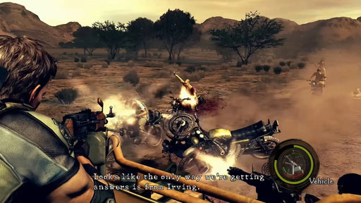 Chris Redfield fires a mounted machine gun at a horde of infected enemies on motorcycles in a desert ambush scene from Resident Evil 5 on Xbox One — get your digital key instantly at RushGame.co