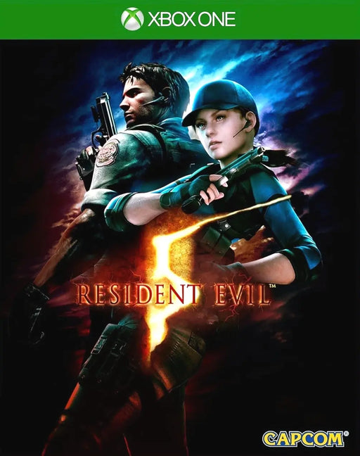 Resident Evil 5 Xbox One cover artwork showing Chris Redfield and Sheva Alomar back-to-back, highlighting the intense action-packed gameplay available with the digital CD key from RushGame.co