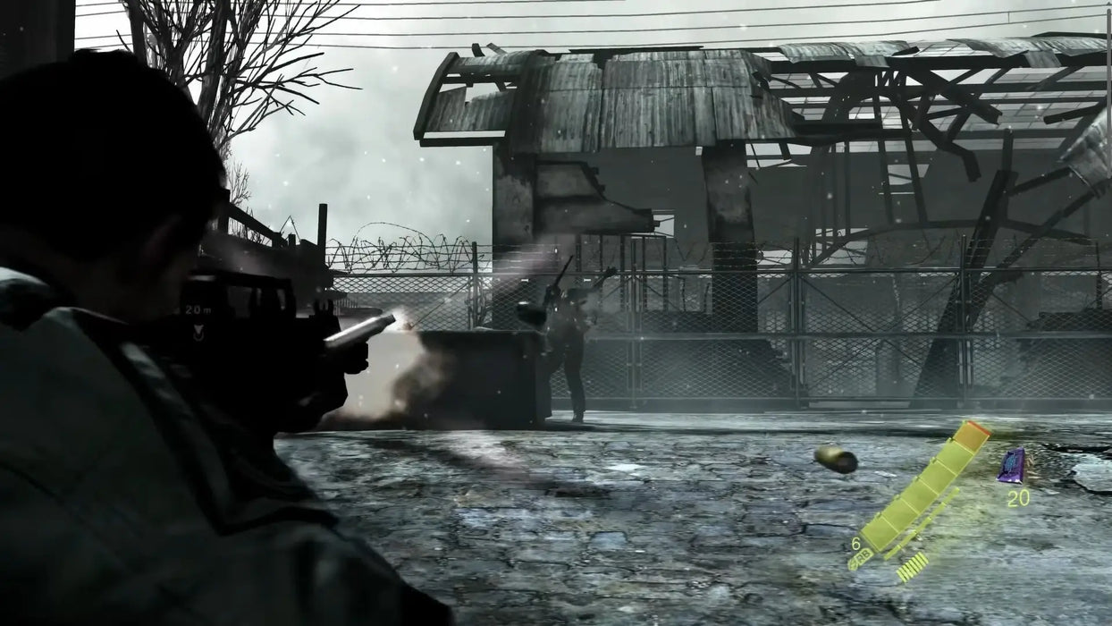Action-packed gameplay in Resident Evil 6 as players battle through snowy industrial ruins, part of the complete PC edition on RushGame.co