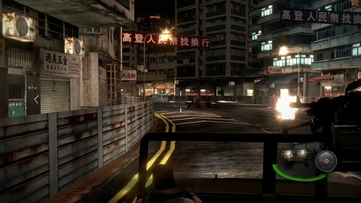 Urban shootout scene from Resident Evil 6 showing a high-speed firefight through neon-lit city streets — available now as a digital Steam key on RushGame.co