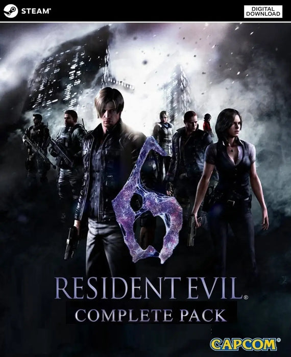 Cover art for Resident Evil 6 Complete Pack on Steam PC, featuring the main cast of characters ready for battle — grab the digital key instantly at RushGame.co
