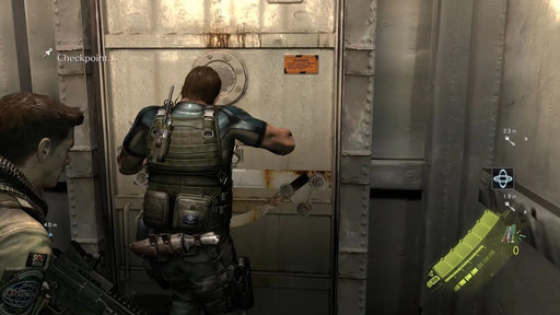 In-game screenshot from Resident Evil 6 on Default Title showing a character opening a sealed door labeled “Checkpoint,” hinting at tense mission progress. Buy your Default Title CD Key for Resident Evil 6 now at RushGame.co and face action-packed moments
