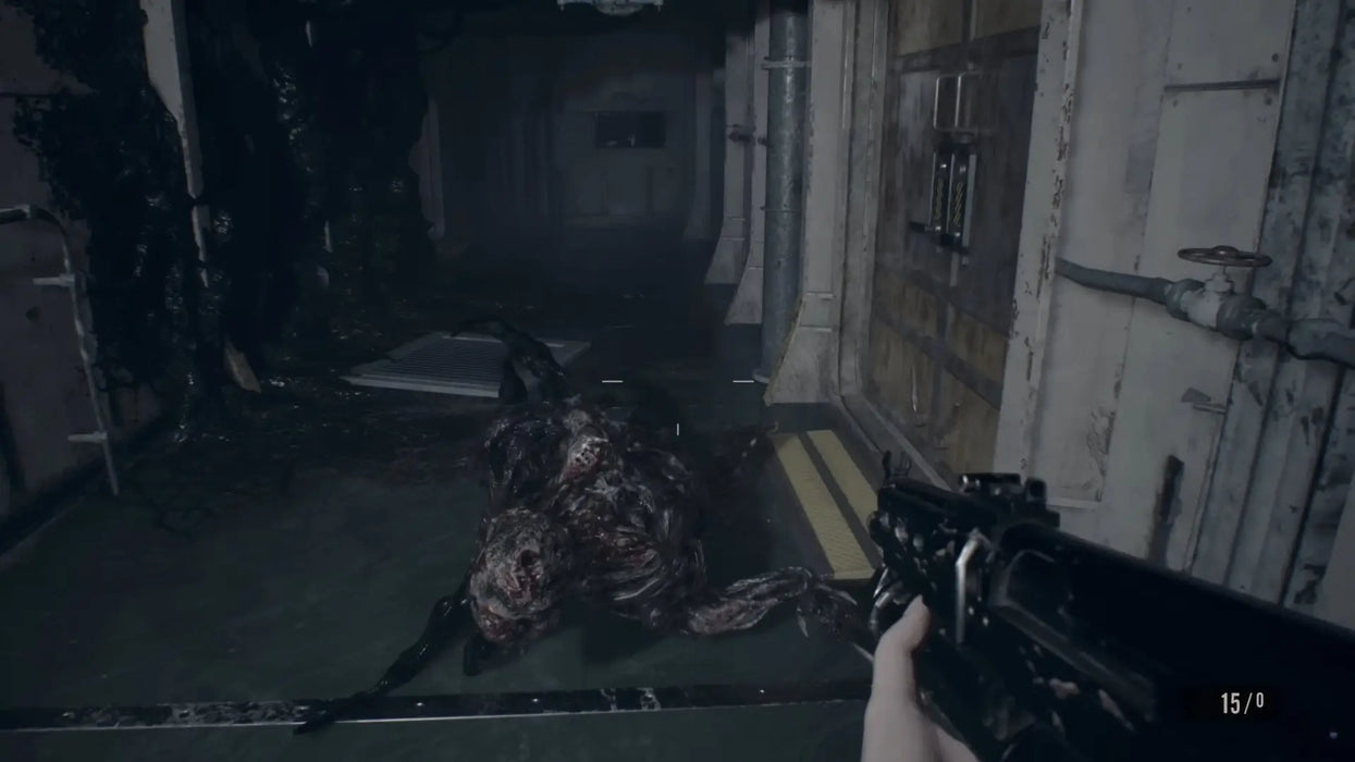 Player aiming at a grotesque Molded creature in a dark corridor in Resident Evil 7: Biohazard Gold Edition. Experience this survival horror on PC Steam via RushGame.co