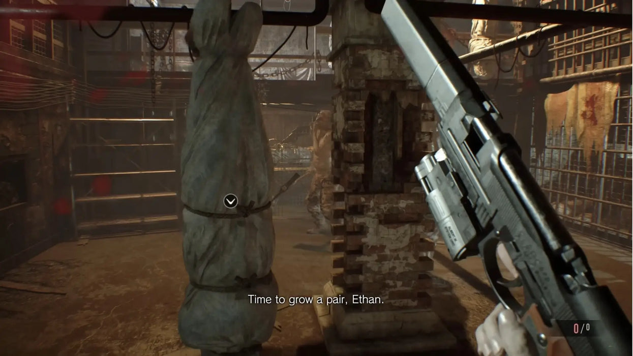 First-person gameplay from Resident Evil 7 Gold Edition showing Ethan reloading his pistol before a boss fight in a grim, industrial arena. Get the PC Steam key at RushGame.co