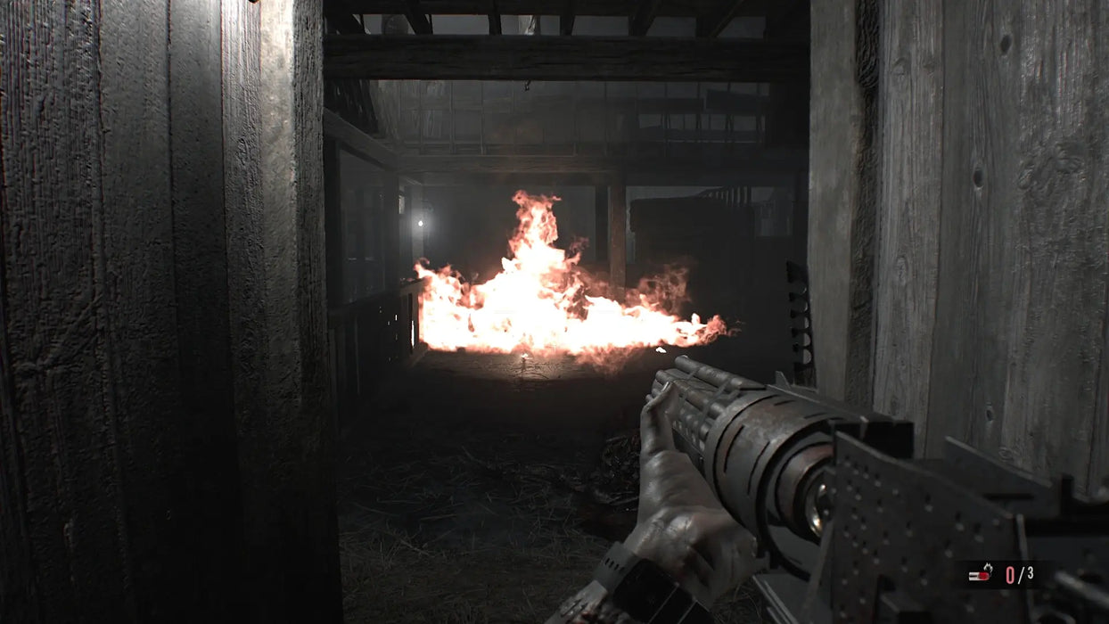 Intense firefight using a flamethrower inside a dark wooden barn in Resident Evil 7: Biohazard. Experience this survival horror with a Steam key from RushGame.co