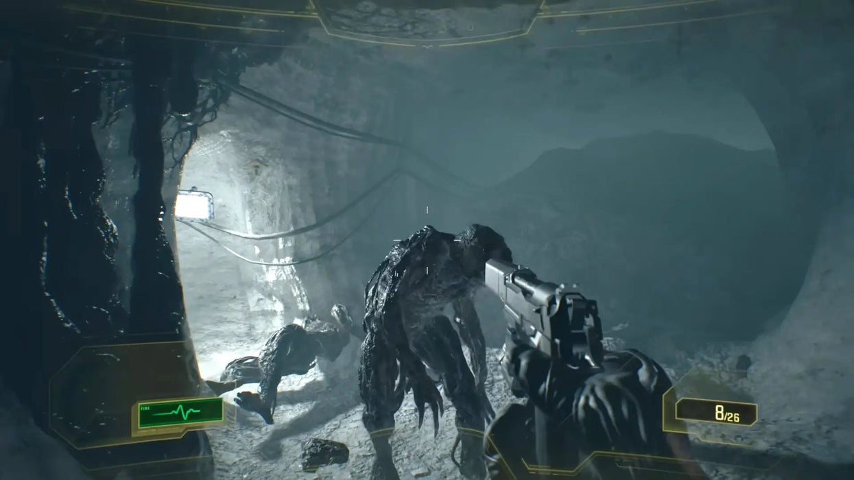 First-person gameplay scene from Resident Evil 7: Biohazard showing the player aiming at a grotesque Molded enemy in a dimly lit tunnel. Available now as a PC Steam CD key at RushGame.co