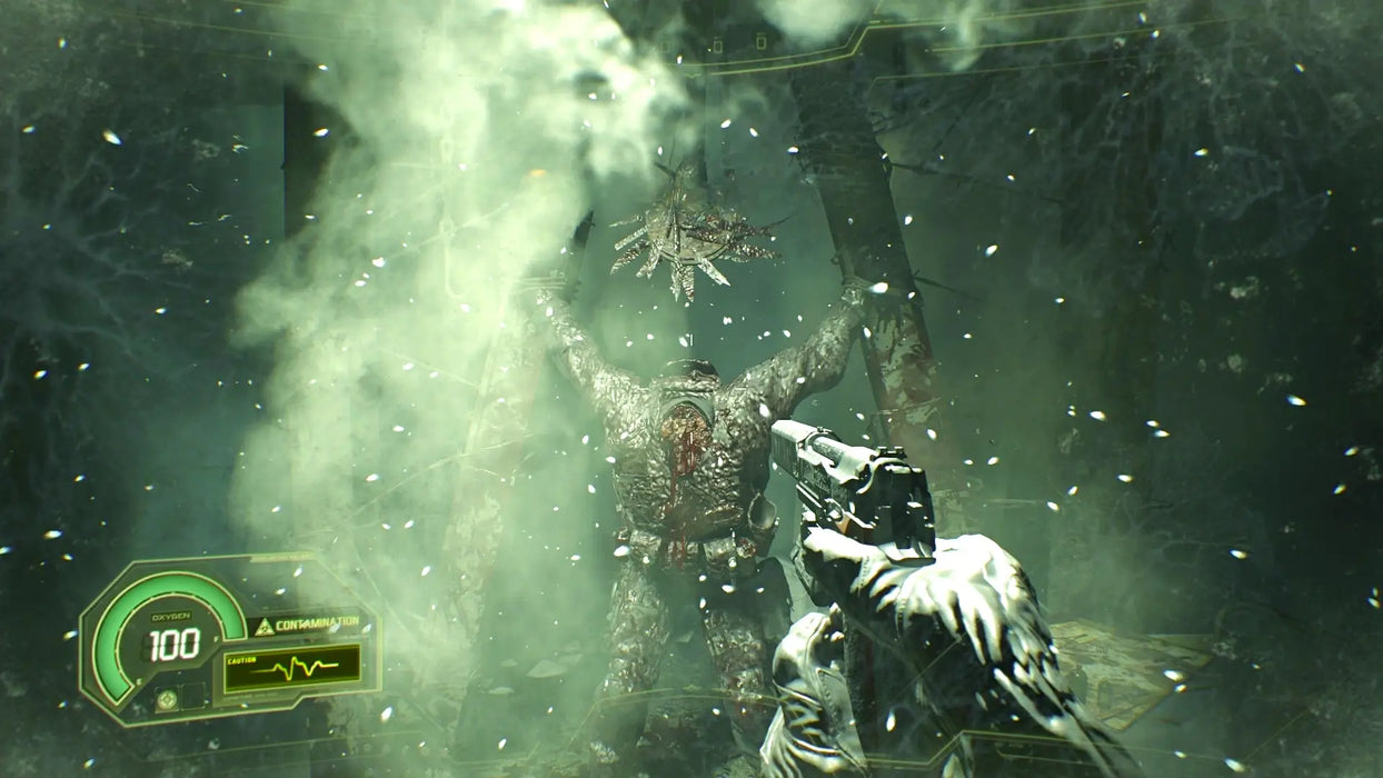 Player encounters a boss-like infected creature in a contamination zone filled with green mist in Resident Evil 7: Biohazard. Get your PC Steam key at RushGame.co