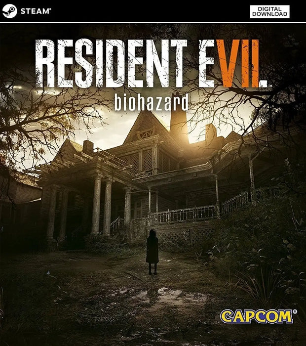 Resident Evil 7: Biohazard PC Steam cover art featuring a mysterious mansion at dusk with a lone figure standing outside. Buy the digital download key now at RushGame.co
