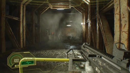 First-person view of a tense corridor scene with the player holding a tactical rifle in Resident Evil 7: Biohazard on Xbox One. Buy your US CD key at RushGame.co