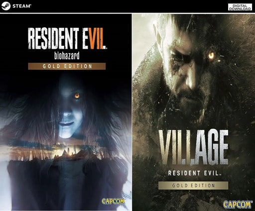 cover art for Resident Evil 7 Biohazard Gold Edition and Resident Evil Village Gold Edition PC Steam bundle, digital download available at RushGame.co