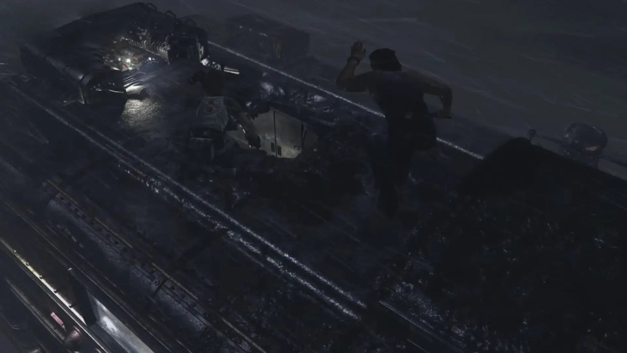 Action moment from Resident Evil 0 HD Remaster as two characters run across the roof of a moving train during a stormy night. Get your digital Steam key for Resident Evil Zero now at RushGame.co and experience survival horror on the move