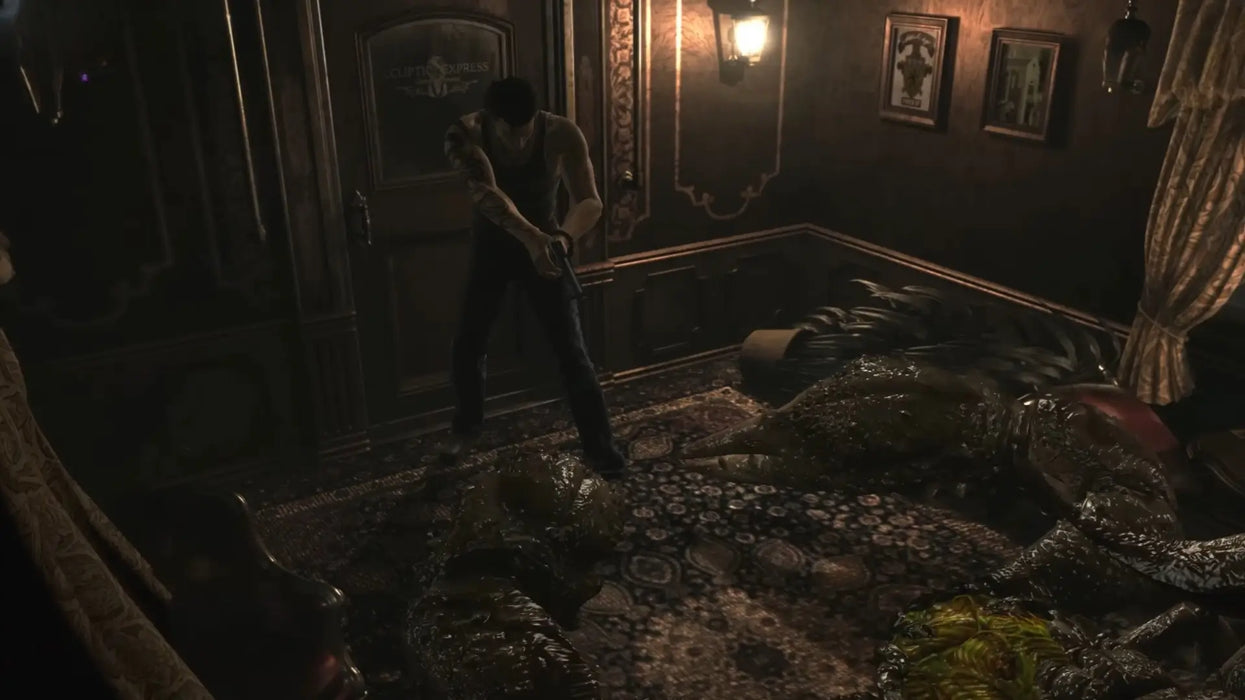 In-game scene from Resident Evil 0 HD Remaster showing Billy Coen aiming a handgun at leech-covered monsters inside a vintage train cabin. Buy the Resident Evil 0 PC Steam CD Key at RushGame.co and relive the horror in HD