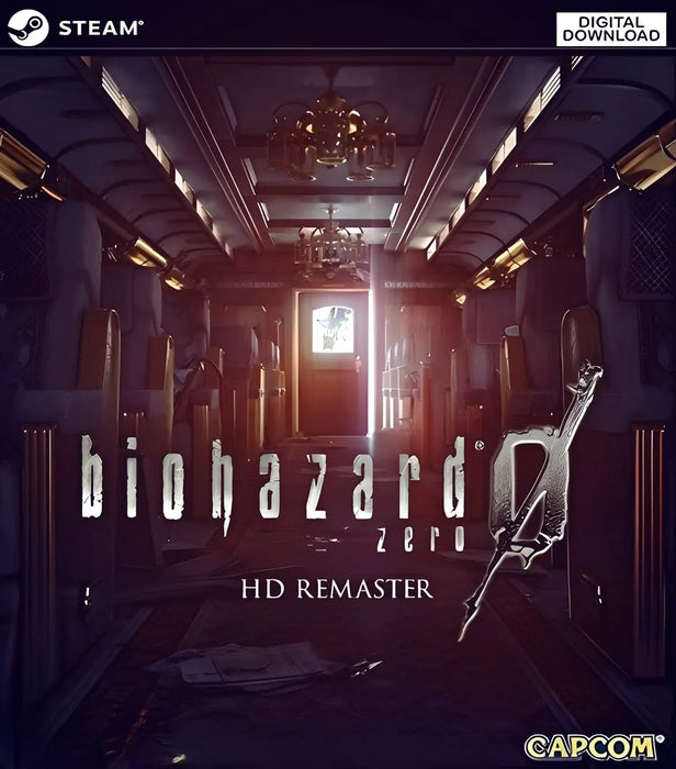 Cover art for Resident Evil: Biohazard 0 HD Remaster on Steam, depicting the haunting train corridor with HD lighting and classic horror ambiance. Purchase the Resident Evil 0 Steam CD Key today at RushGame.co for an unforgettable digital horror experience