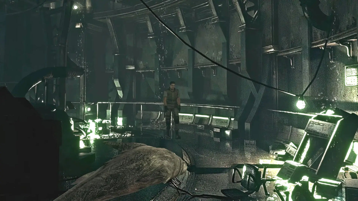Scene from Resident Evil HD Remaster showing a high-tech laboratory filled with broken machinery and glowing green lights. Buy the Xbox One CD key (US region) from RushGame.co.