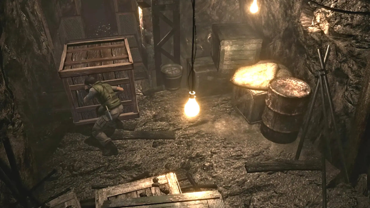 Gameplay from Resident Evil HD Remaster showing the player pushing a wooden crate in a dimly lit underground mine area. Get the Xbox One US CD key at RushGame.co