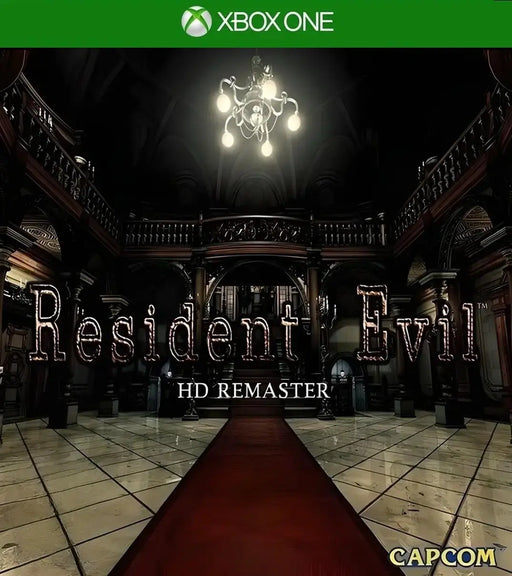 Resident Evil HD Remaster Xbox One cover art featuring the ominous Spencer Mansion lobby illuminated by a chandelier. Purchase your US region CD key now at RushGame.co