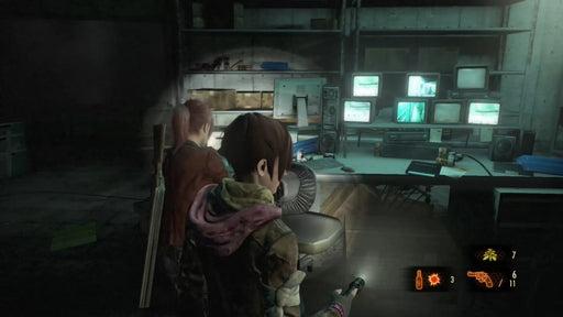 Moira and Claire explore a dimly lit security room filled with monitors in Resident Evil Revelations 2. Get your Xbox One CD key at RushGame.co and unravel the mystery